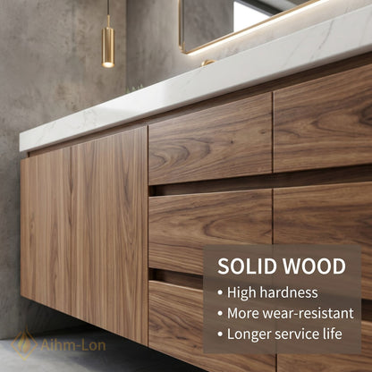 60''-96'' Double Bathroom Vanity with Sink White Marble Top Wood Grain Drawers