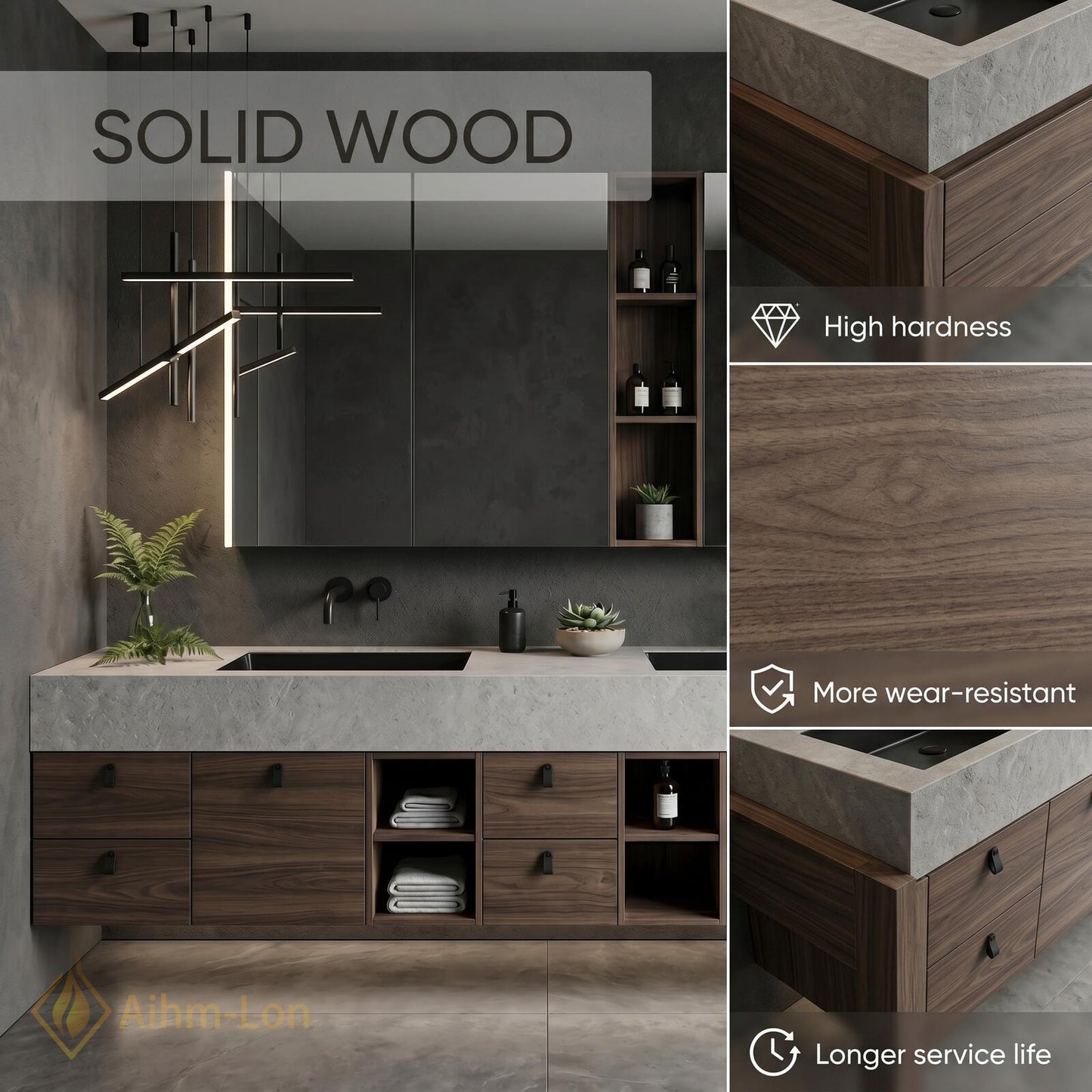 70''-96'' Double Bathroom Vanity with Sink Modern Floating Grey Stone Top Shelving
