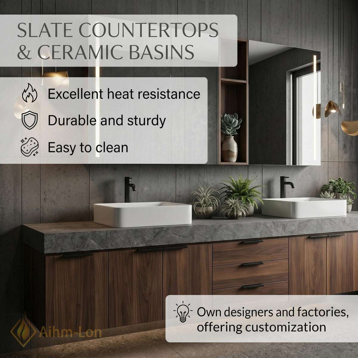 60''-96'' Double Bathroom Vanity with Sink Stone Slab Deep Drawer Charcoal Finish
