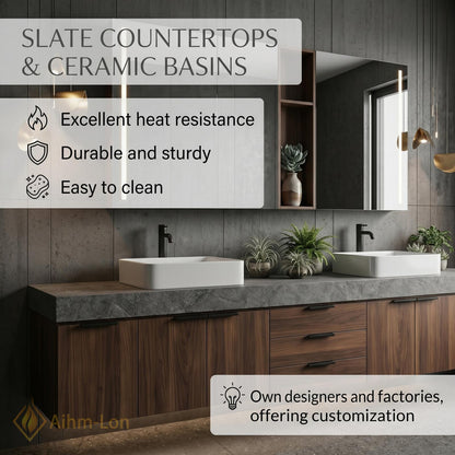 60''-96'' Double Bathroom Vanity with Sink Stone Slab Deep Drawer Charcoal Finish