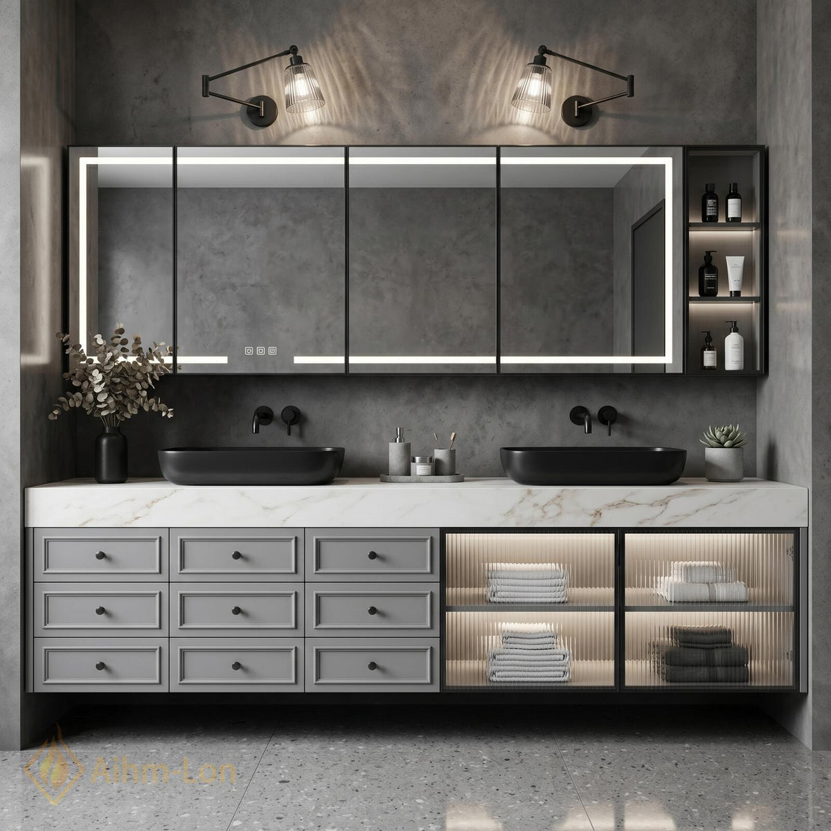 60''-96'' Double Bathroom Vanity with Sink Modern Floating White Marble Glass Doors