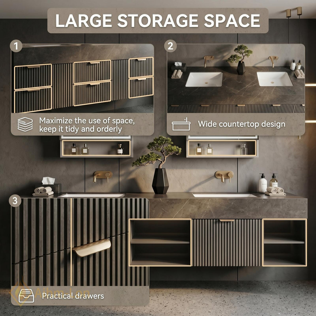 60''-96'' Double Bathroom Vanity with Sink Slatted Front Dark Stone Finish Storage
