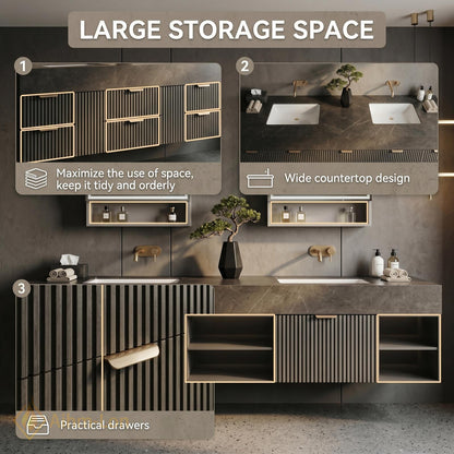 60''-96'' Double Bathroom Vanity with Sink Slatted Front Dark Stone Finish Storage