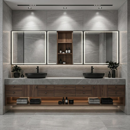60''-96'' Double Bathroom Vanity with Sink Modern Floating Dark Wood Finish Open Shelving