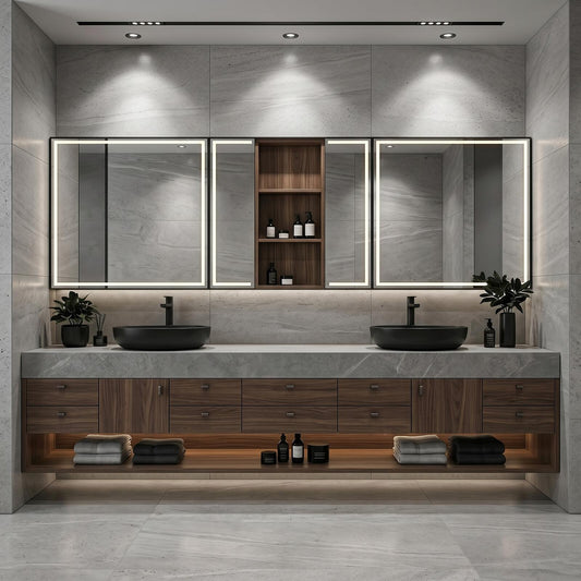 60''-96'' Double Bathroom Vanity with Sink Modern Floating Dark Wood Finish Open Shelving