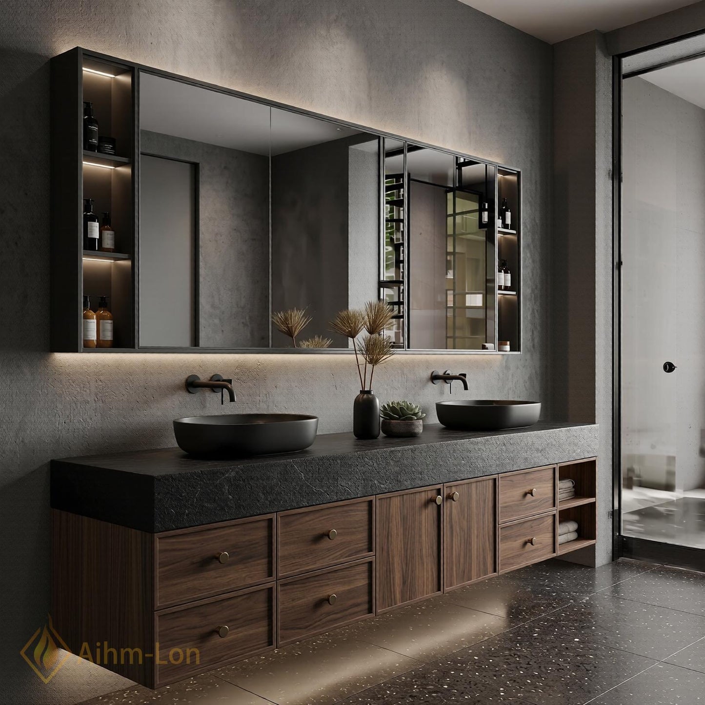 72''-96'' Double Bathroom Vanity with Sink Dark-Walnut Wood Modern Floating Stone