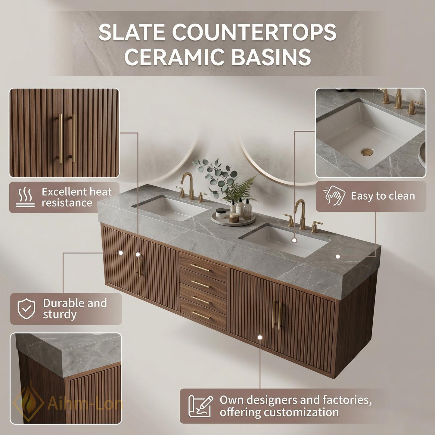 60''-96'' Double Bathroom Vanity with Sink Dark-Walnut Modern Floating Center Shelving
