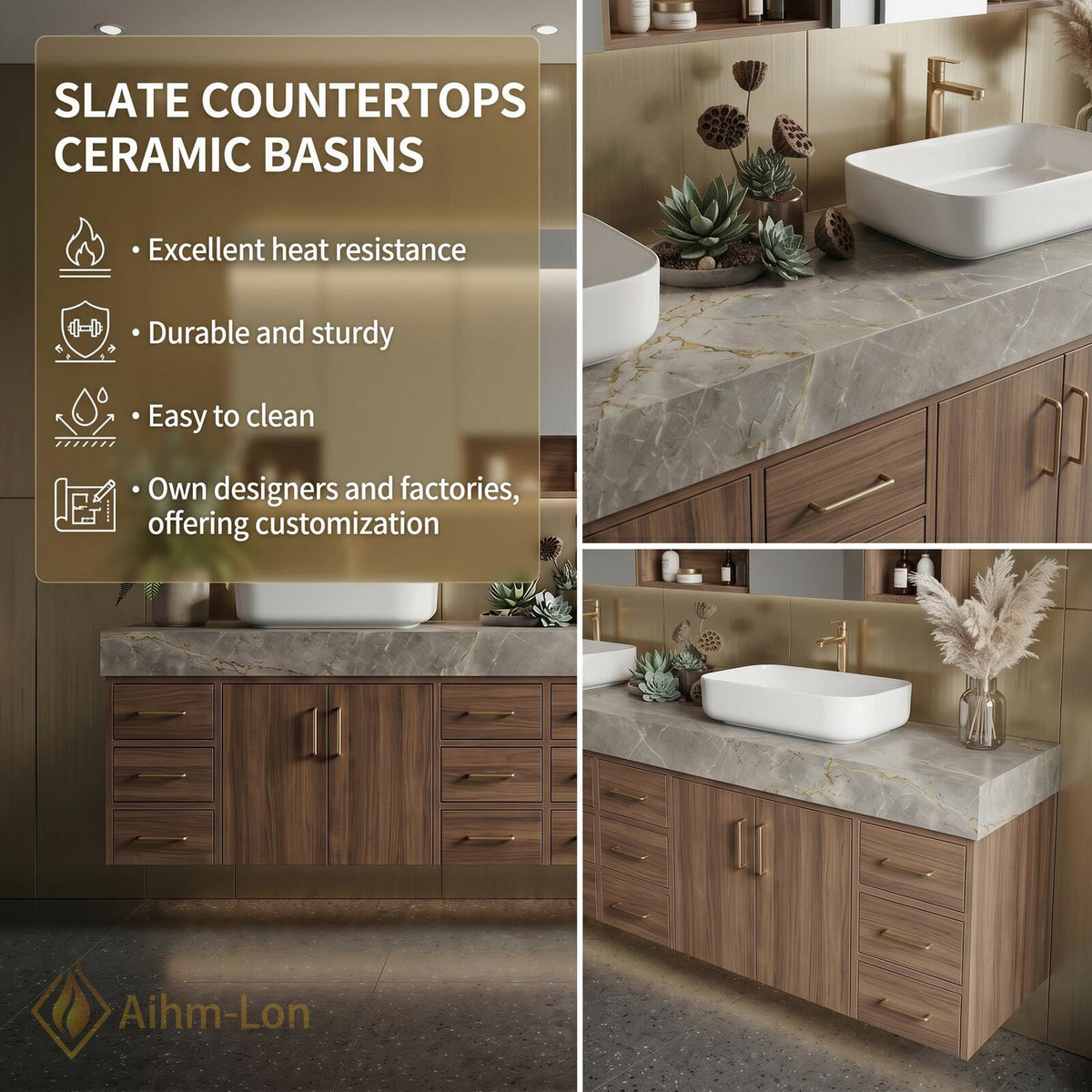 80''-96'' Double Bathroom Vanity with Sink Floating Double Grain Finish Slatted Center