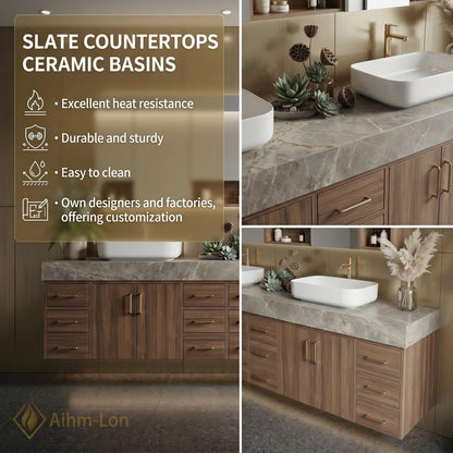 80''-96'' Double Bathroom Vanity with Sink Floating Double Grain Finish Slatted Center