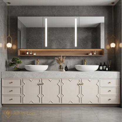 72''-96'' Double Bathroom Vanity with Sink Modern Floating Doors Stone Surface Open