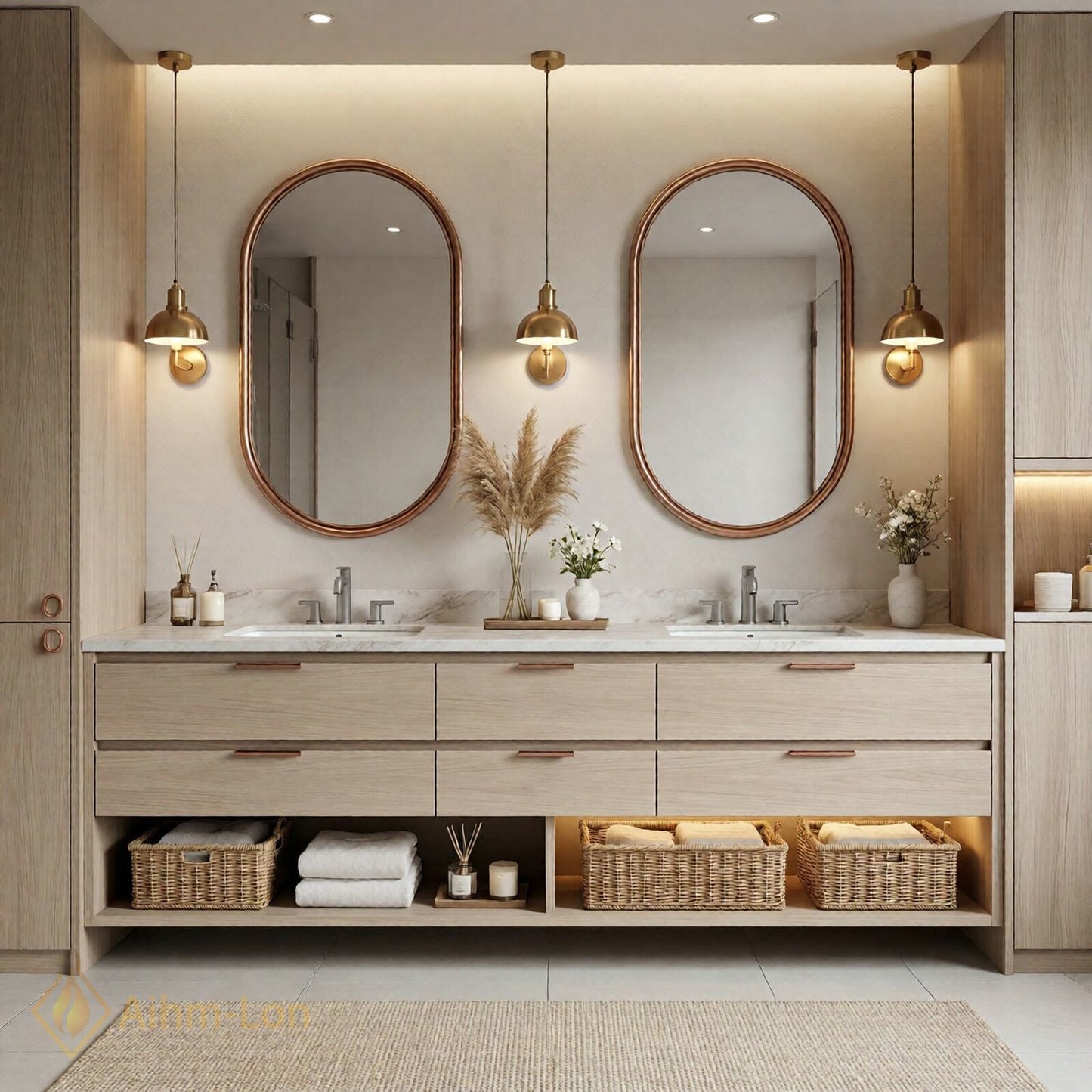 70''-96'' Double Bathroom Vanity with Sink Marble-Style Top Floating Frame Design