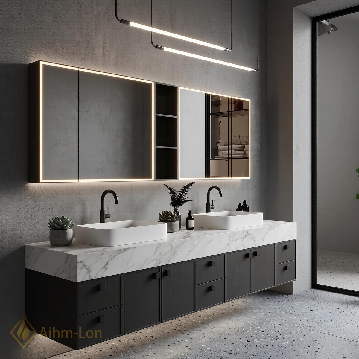 60''-96'' Double Bathroom Vanity with Sink Modern Floating Slatted Panel Dark Walnut