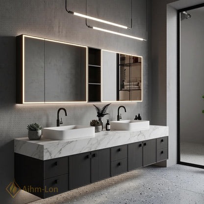 60''-96'' Double Bathroom Vanity with Sink Modern Floating Slatted Panel Dark Walnut