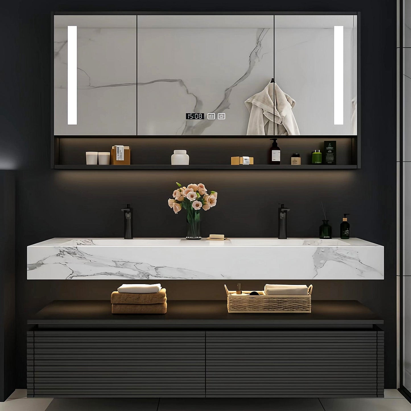 52"-78"Modern Vanity Double Sink Open Storage and LED Smart Mirror