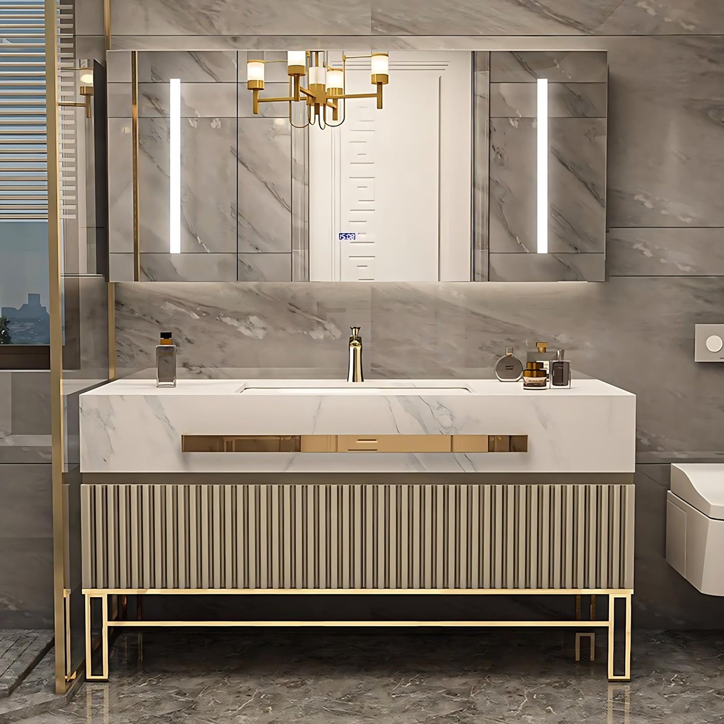 36"- 68" Freestanding Gold Bathroom Vanity Set with Smart Light Cabinet
