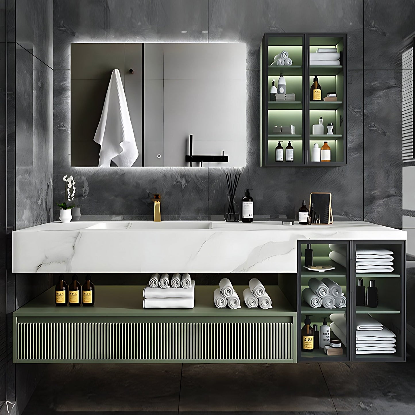 36"- 78" Green Bath Vanity Set with Defogging Mirror & Single Sink Floating