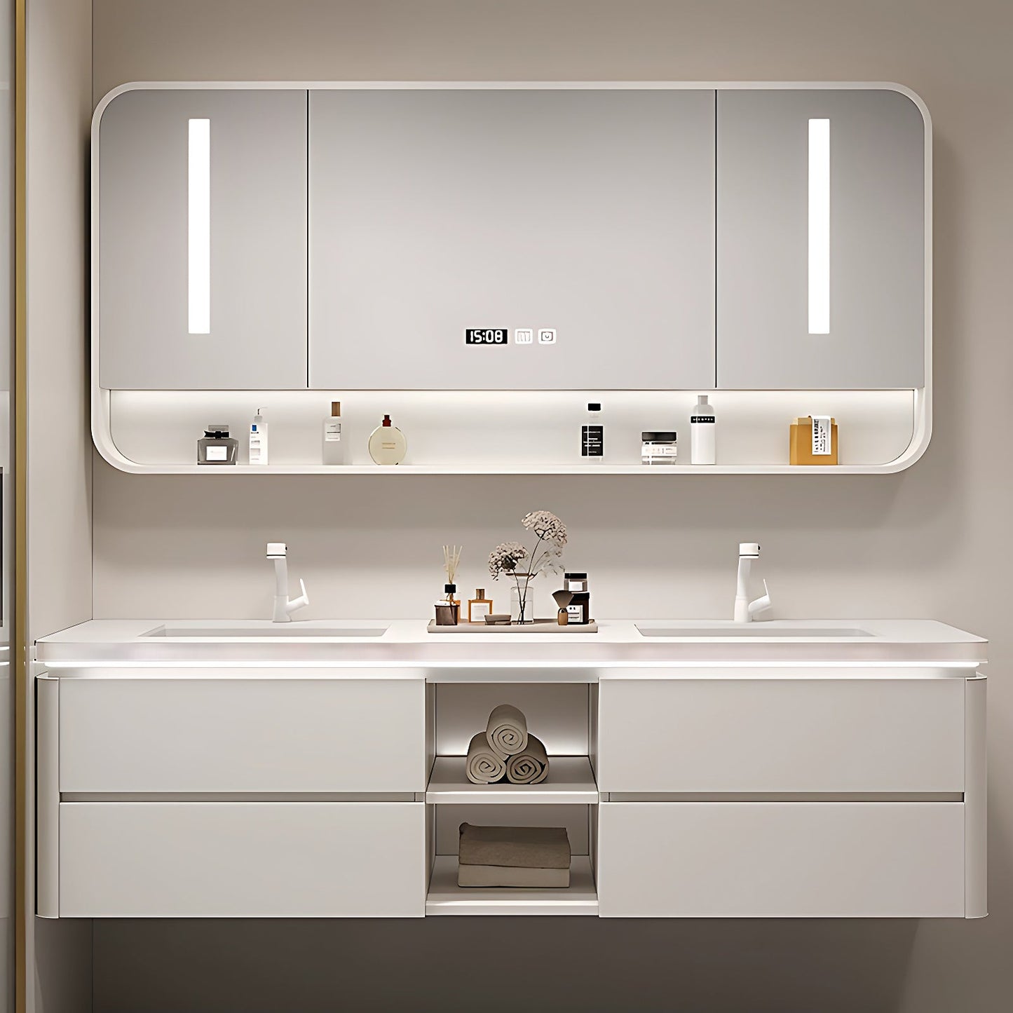 52"-96"High Gloss White Double Basin Floating Bathroom Vanity