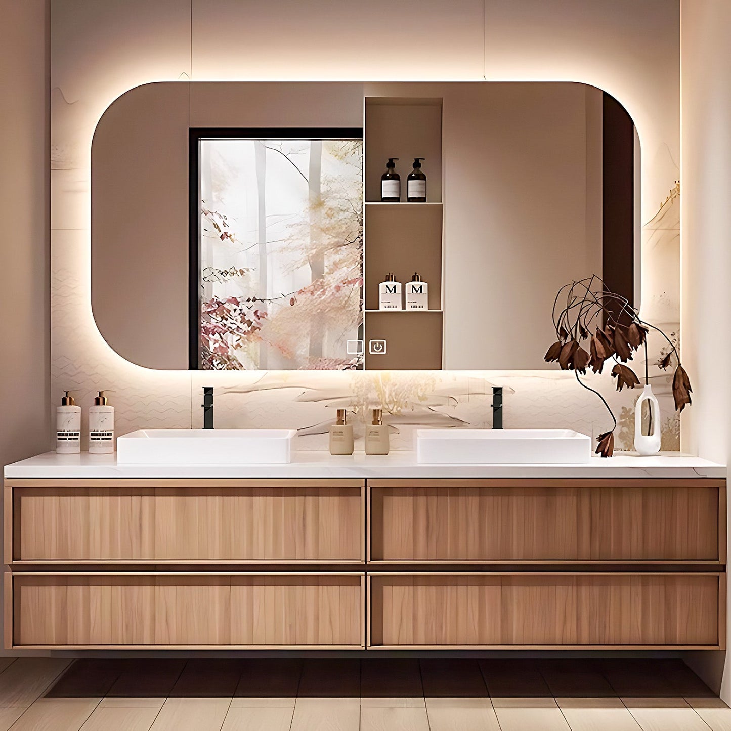 56"-96"Floating Bathroom Vanity Includes Four Large Drawers  Smart Defog Mirror