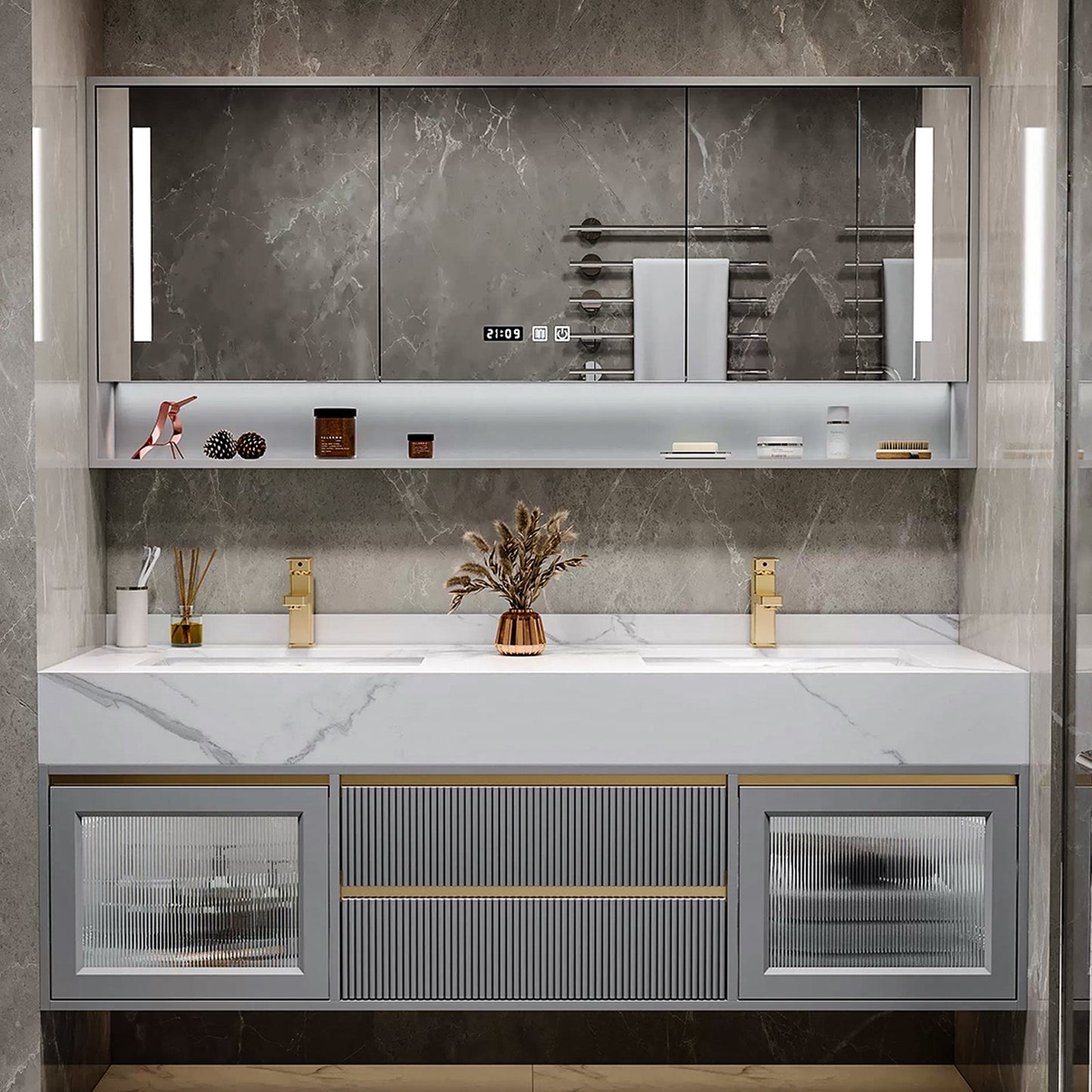 52"- 96" Modern  Grey Bathroom Vanity Set with Ceramic Basin and Smart Mirror Cabinet Double