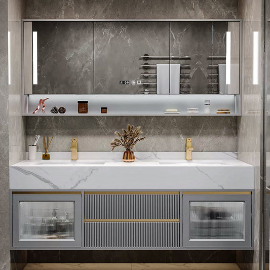 52"- 96" Modern  Grey Bathroom Vanity Set with Ceramic Basin and Smart Mirror Cabinet Double