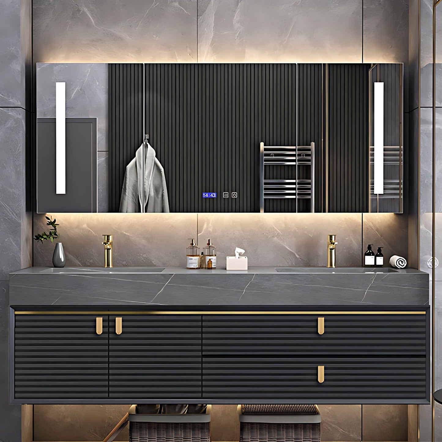 56"- 96" Luxury Bathroom Vanity Set with Double Sink and Rear Cabinet  Mirror