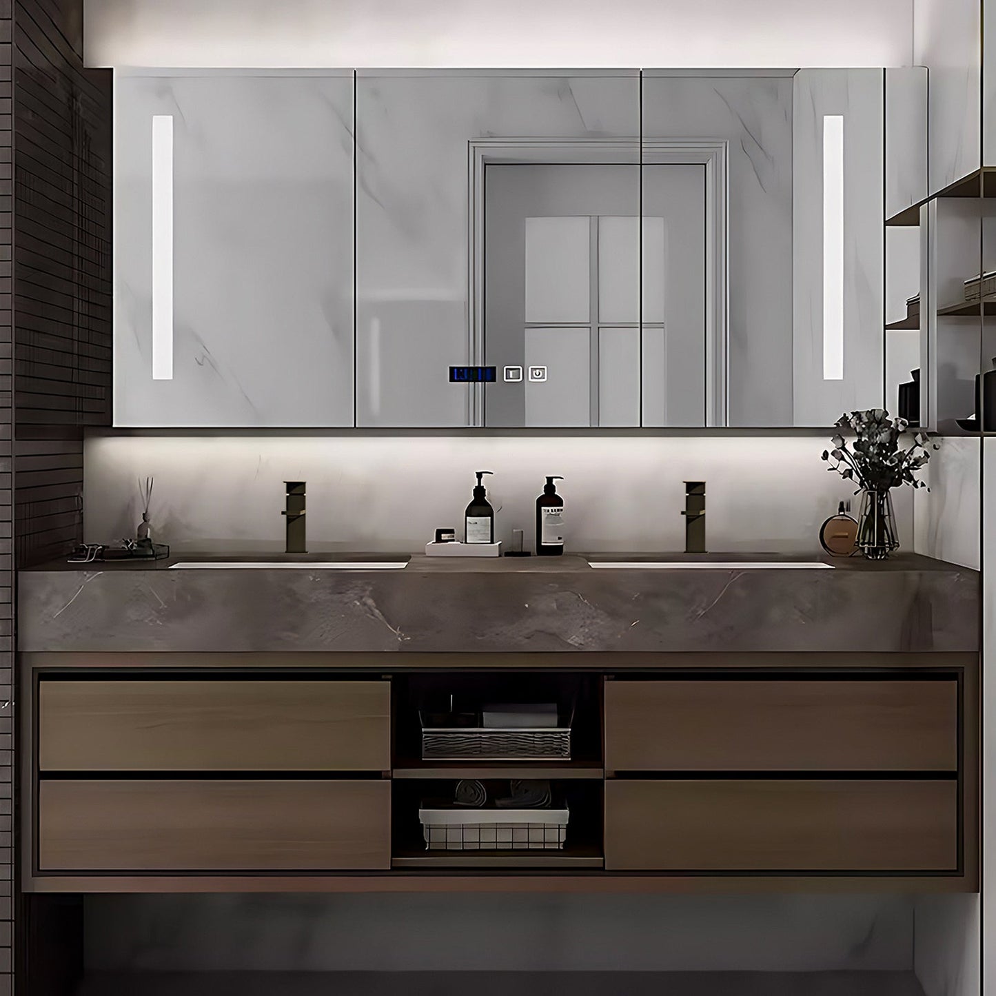 52"- 96" Modern Double Ceramic Basin Bath Vanity Set with Smart Mirror Cabinet