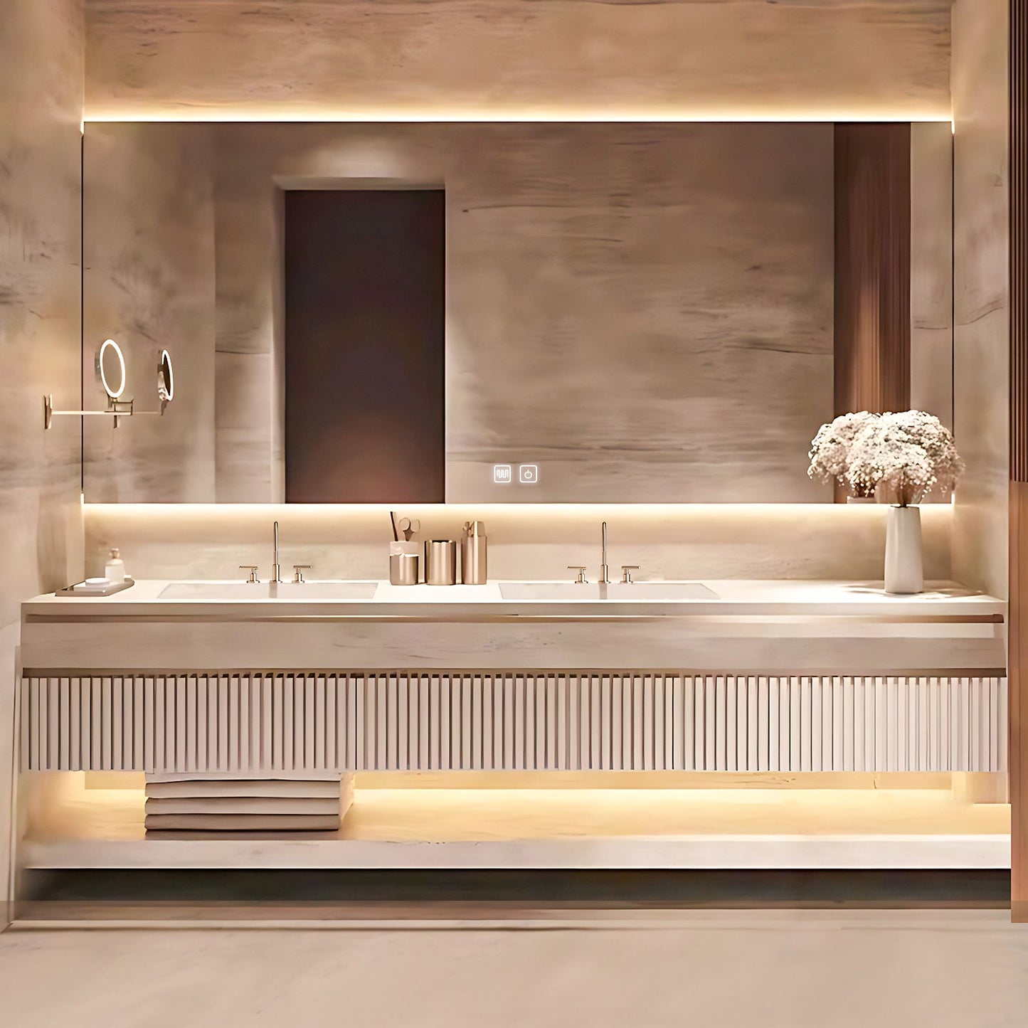 56"-78"Luxurious Solid Wood Bathroom Vanity Open Storage Rack Smart Defogging Mirror