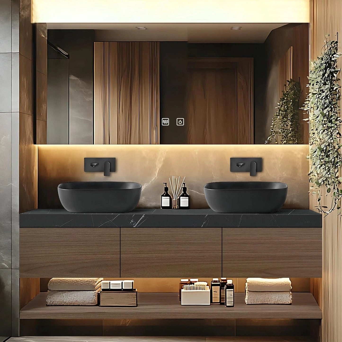 60"-96"Floating Bathroom Vanity with Double Sinks Includes Grey Sink & Wood Grain Cabinet