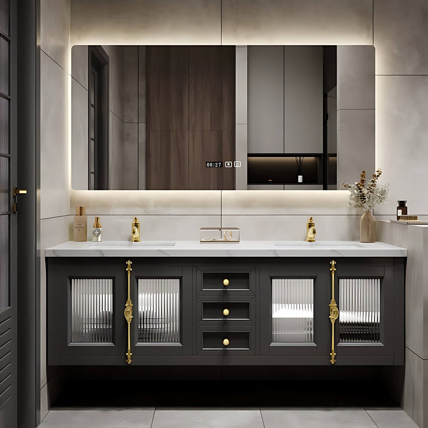 56"- 96"Elegant Double Sink Bathroom Vanity with Sense of Atmosphere Defogging Mirror