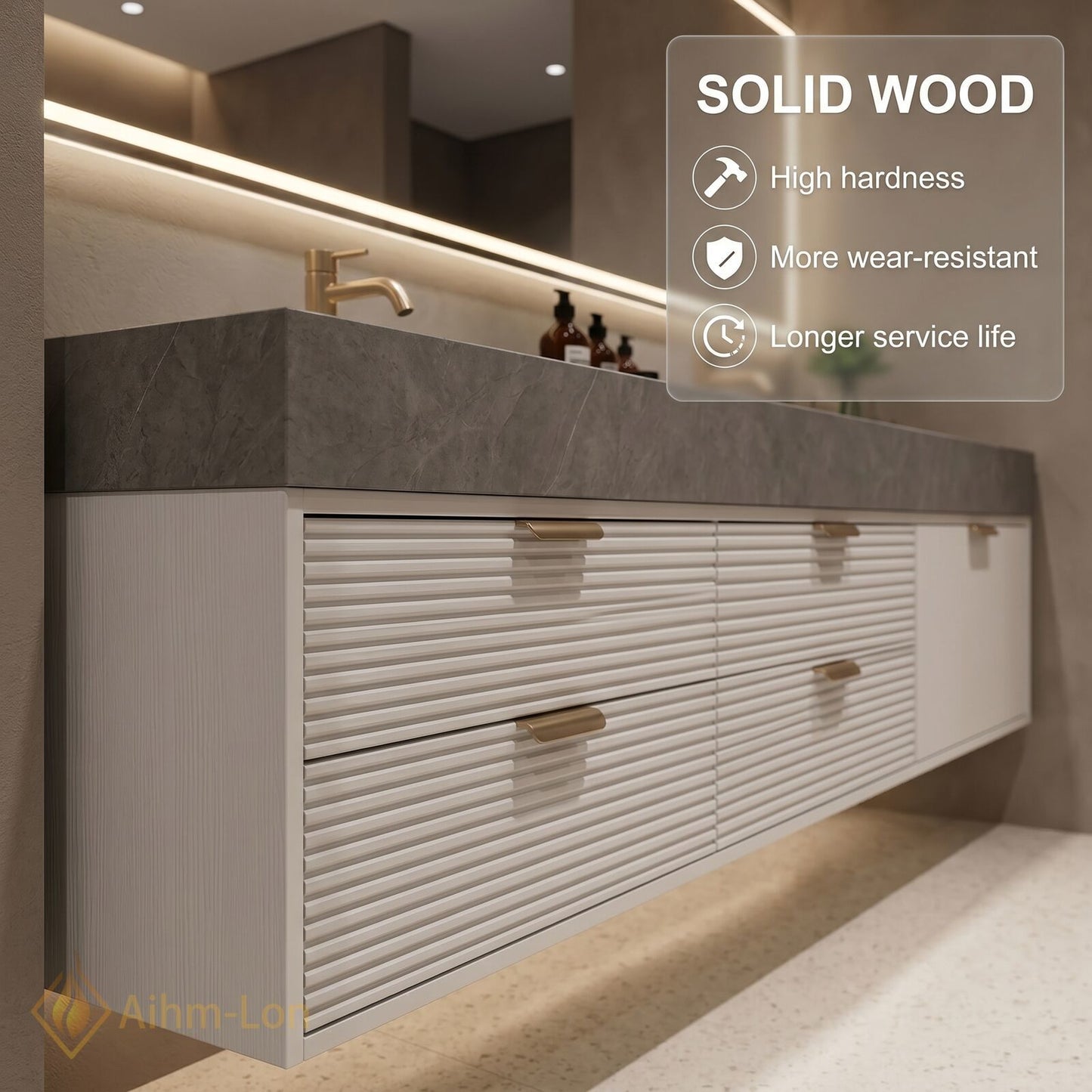60''-96'' Double Bathroom Vanity with Sink Grey Modern Stone Texture Top Ribbed