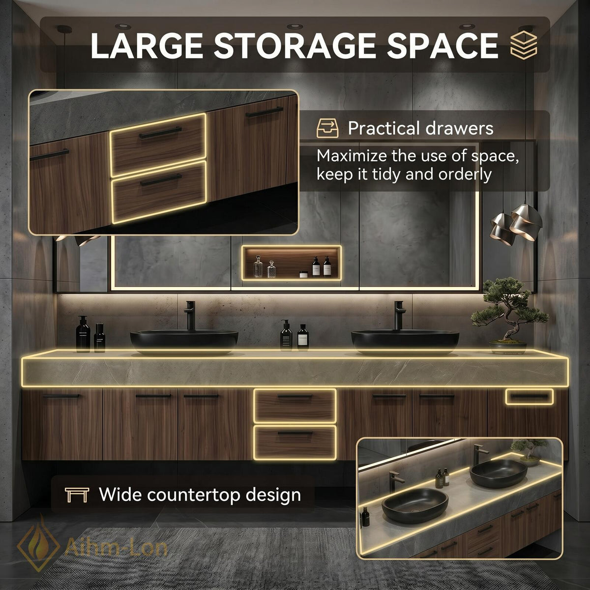 60''-96'' Double Bathroom Vanity with Sink Floating Dark Walnut Finish Mirror Cabinet