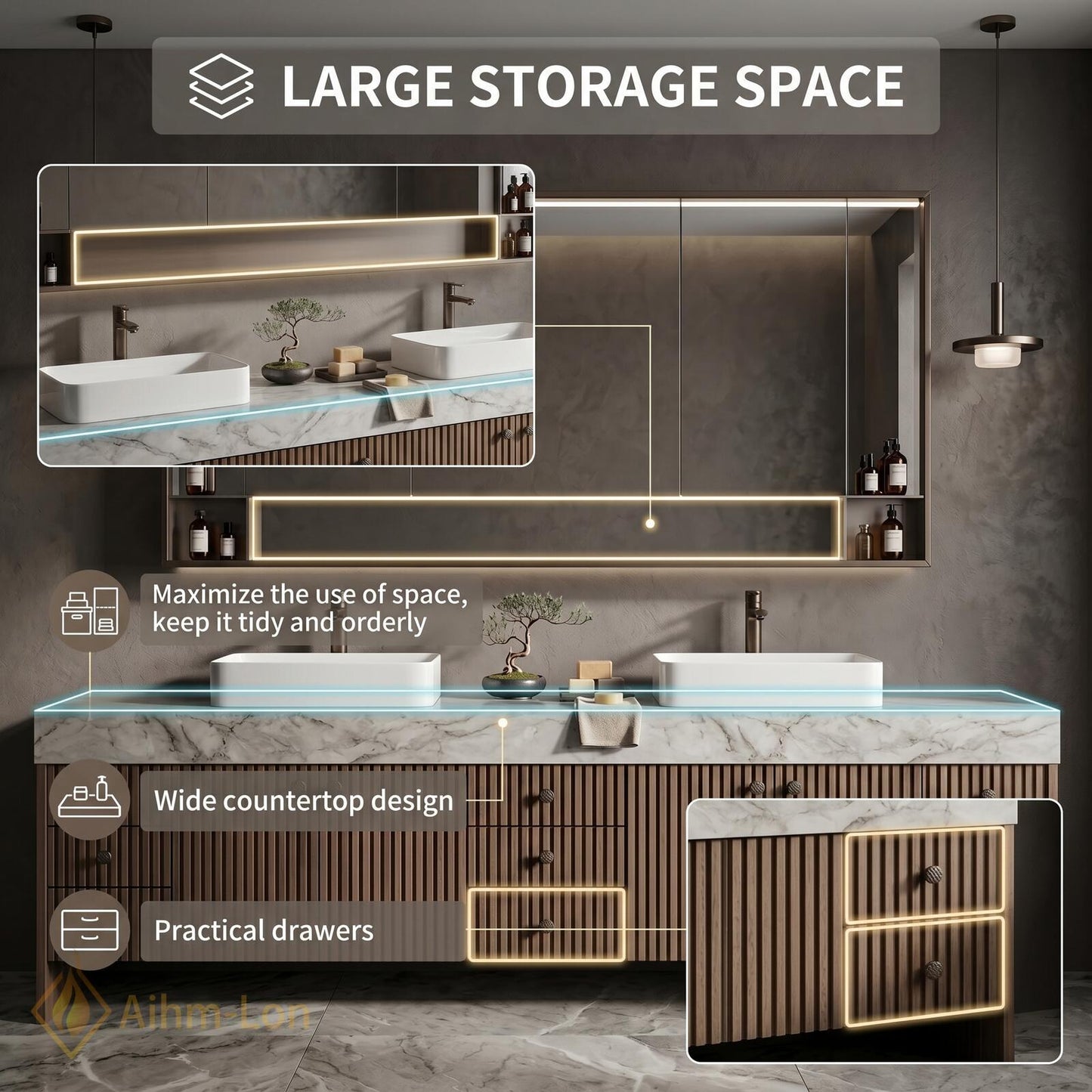 76''-96'' Modern Floating Bathroom Vanity with Sink Double Dark Walnut Slatted Panel