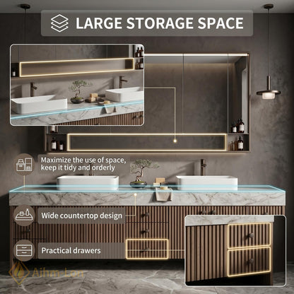 76''-96'' Modern Floating Bathroom Vanity with Sink Double Dark Walnut Slatted Panel