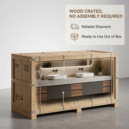 70''-96'' Modern Bathroom Vanity with Sink Double Sink Split Panels Natural Wood Finish