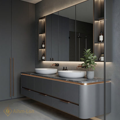 60''-96'' Sleek Bathroom Vanity with Sink Double Sink Dark Grey Glowing Mirrors