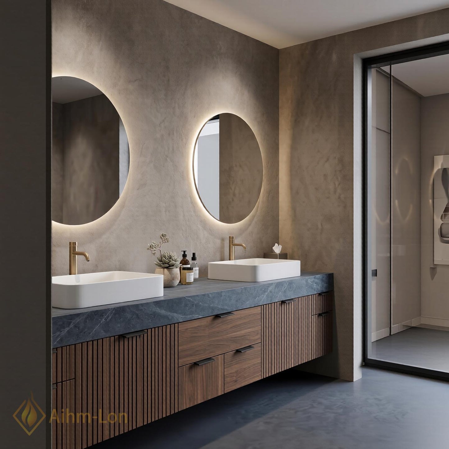 74''-96'' Double Bathroom Vanity with Sink Dark-Walnut Modern Floating Walnut