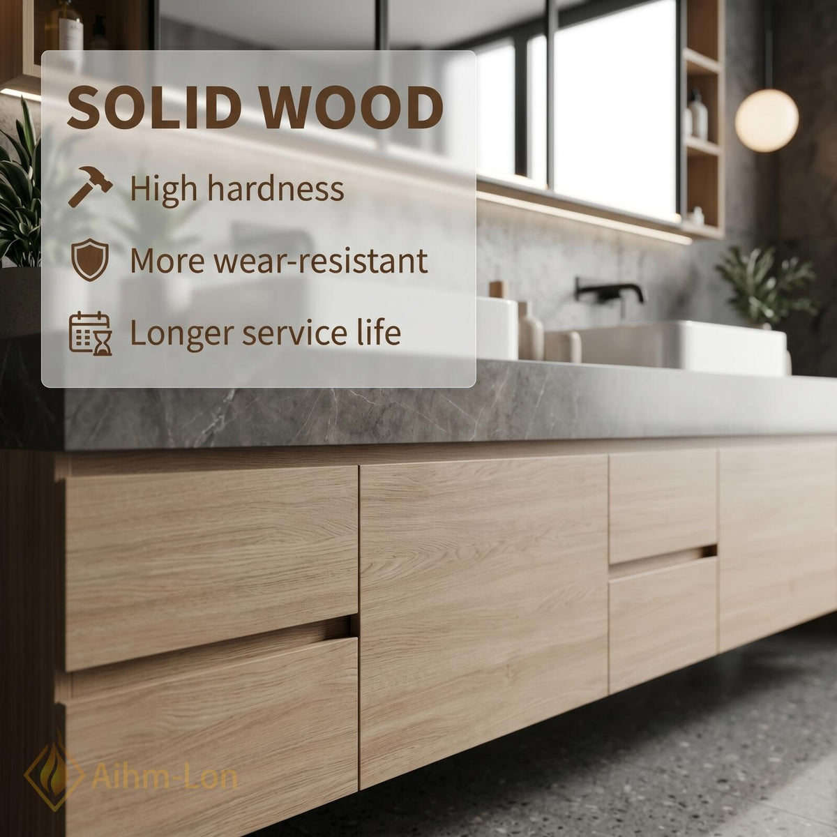 60''-96'' Double Bathroom Vanity with Sink Floating Grey Stone Top Wood Grain