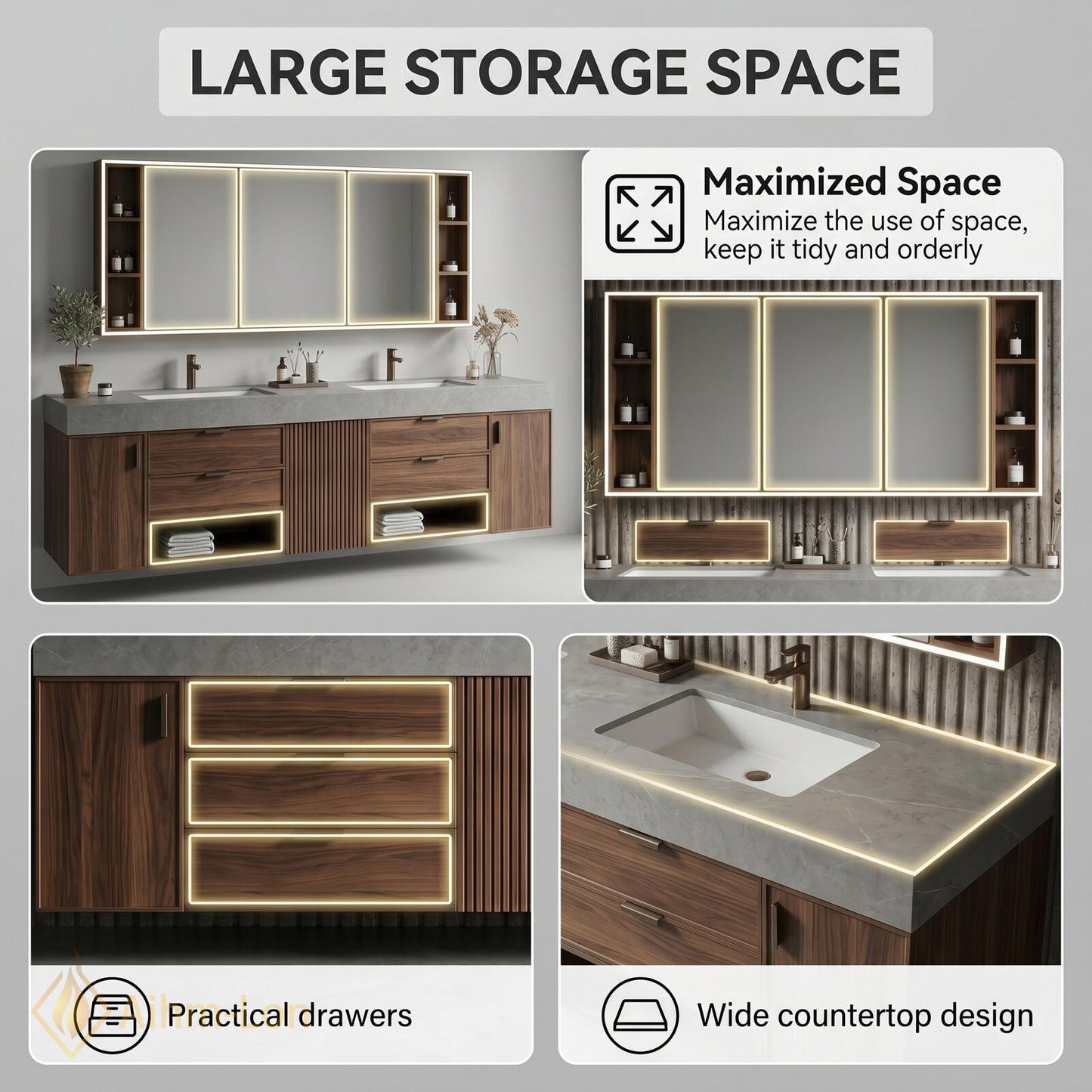 70''-96'' Bathroom Vanity with Sink Sleek Floating Slatted Center Rich Walnut Finish
