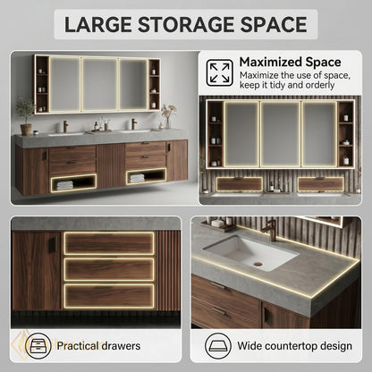 70''-96'' Bathroom Vanity with Sink Sleek Floating Slatted Center Rich Walnut Finish