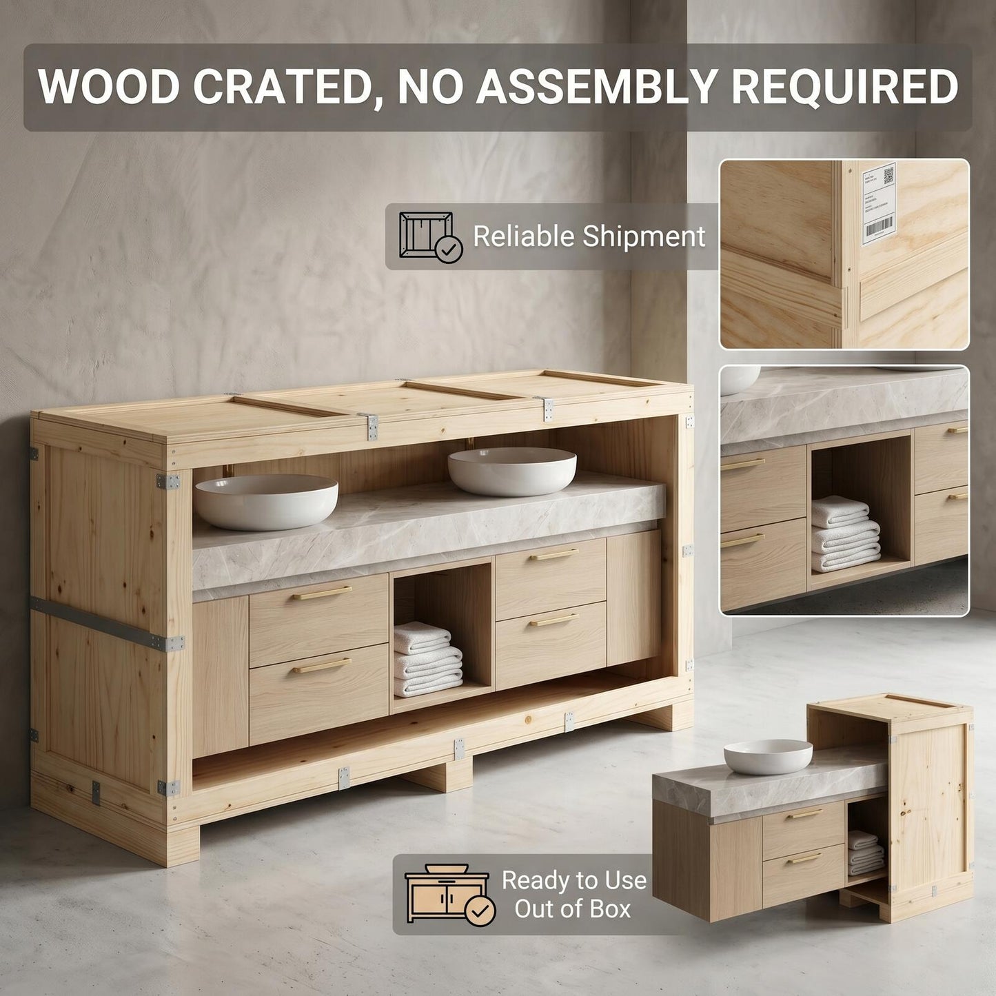 60''-96'' Elegant Bathroom Vanity with Sink Double Sink Light Oak Finish Open Center Storage