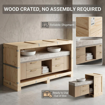 60''-96'' Elegant Bathroom Vanity with Sink Double Sink Light Oak Finish Open Center Storage