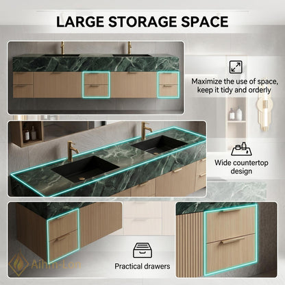 72''-96'' Double Bathroom Vanity with Sink Green Floating Marble-Top Slatted-Panels
