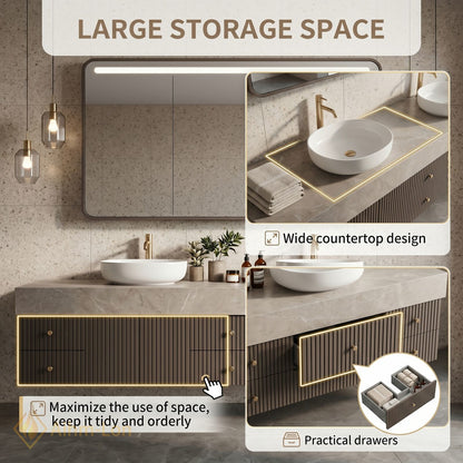 60''-96'' Double Bathroom Vanity with Sink Dark Brown Slatted Panel Mirror Cabinet
