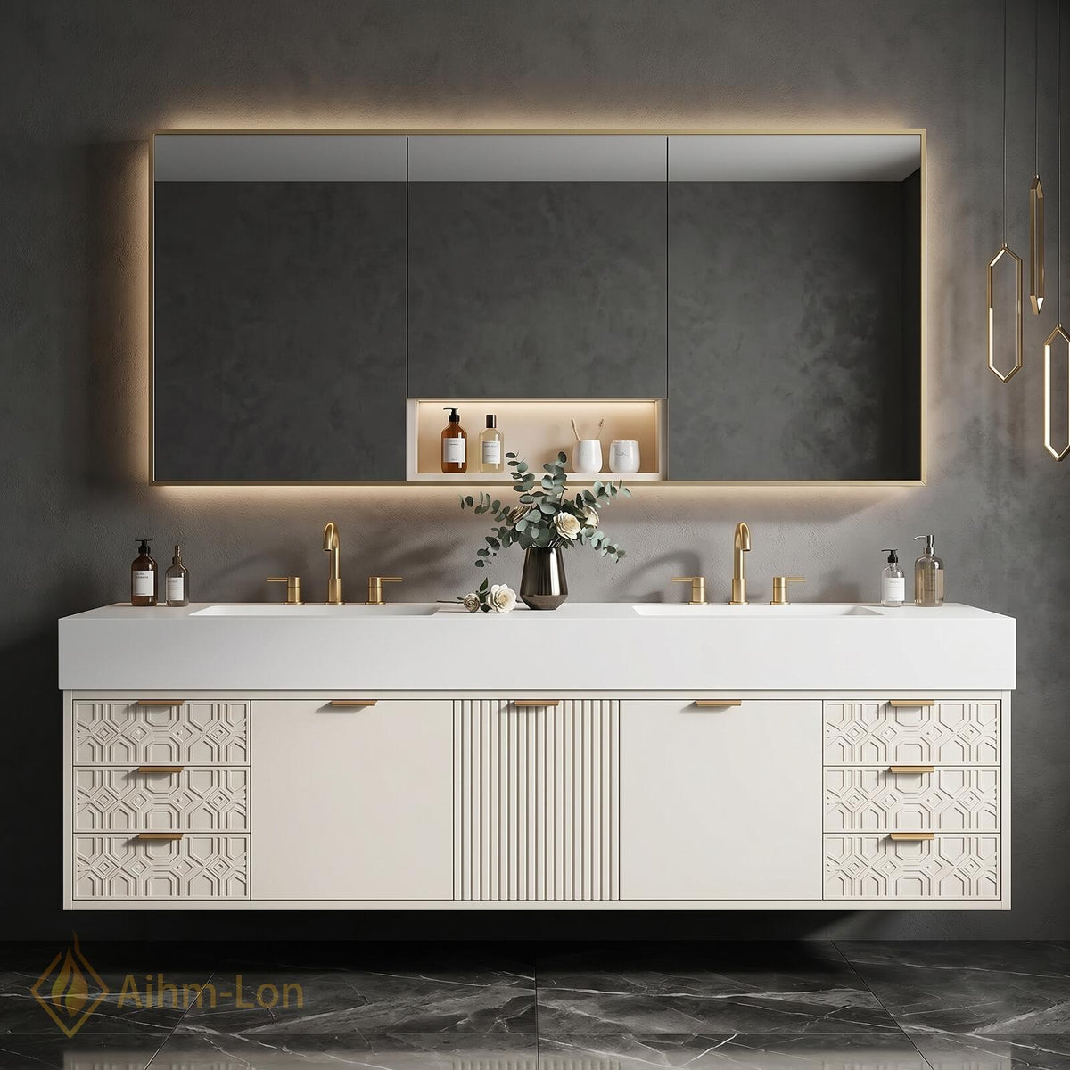 60''-96'' Double Bathroom Vanity with Sink Modern Floating Integrated Mirror Spacious Storage