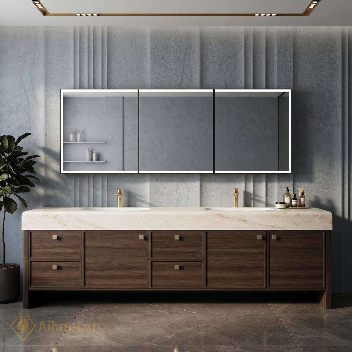 76''-96'' Double Bathroom Vanity with Sink Floating Double Walnut Finish Slatted Panel