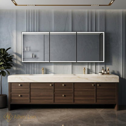 76''-96'' Double Bathroom Vanity with Sink Floating Double Walnut Finish Slatted Panel