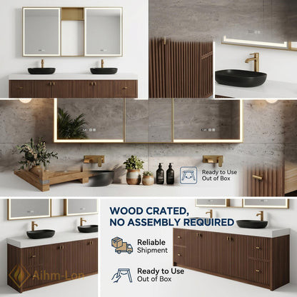 70''-96'' Double Bathroom Vanity with Sink Vertical Slatted Doors Fluted Walnut Finish