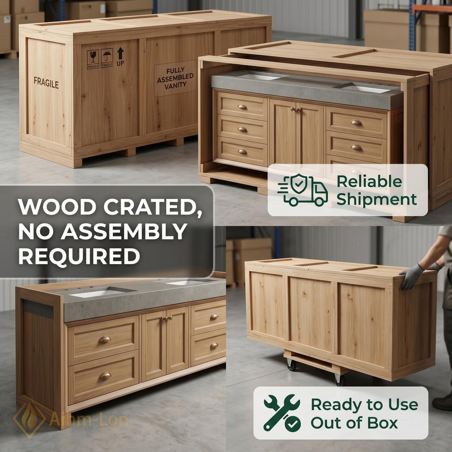 60''-96'' Double Bathroom Vanity with Sink Warm-Oak Modern Floating Doors Finish
