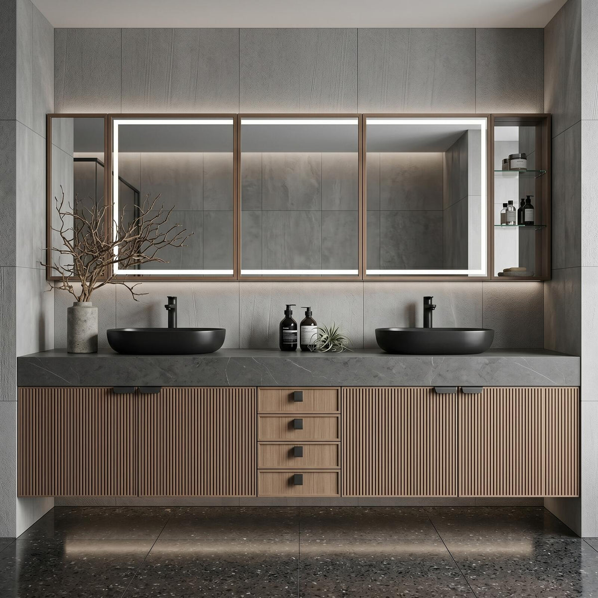 60''-96'' Double Bathroom Vanity with Sink Modern Floating Dark Stone Top Ribbed Doors