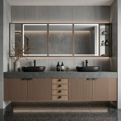60''-96'' Double Bathroom Vanity with Sink Modern Floating Dark Stone Top Ribbed Doors